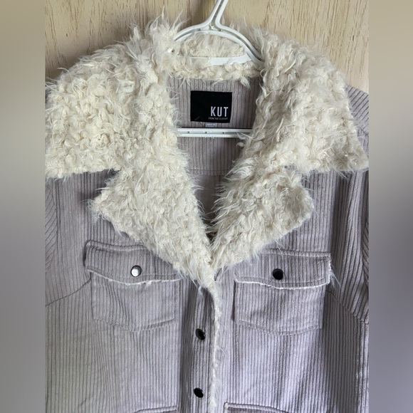 KUT from the Kloth Faux Fur Lined Classic Corduroy Jacket in Grey Sz Large - Picture 2 of 10